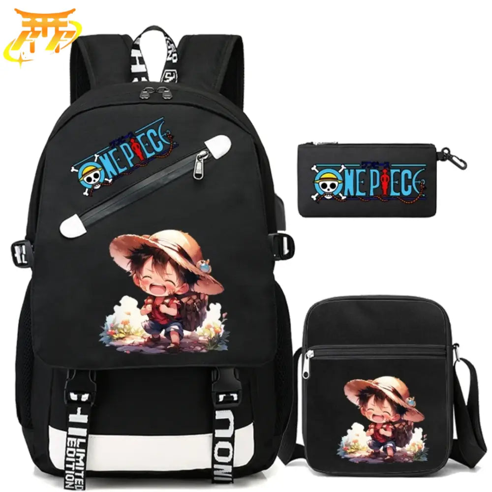 Mochila con Estuche y Bolso Luffy Kawaii - One Piece™